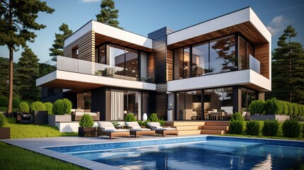 A photo of a double-story modern eco-friendly villa. ,