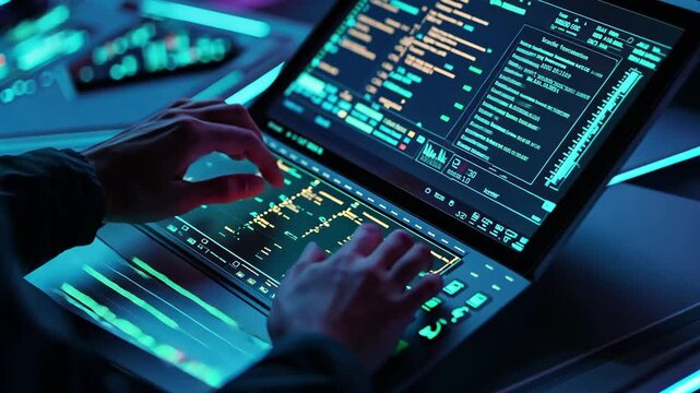Hands navigate interactive touchscreen interface in futuristic digital workspace
