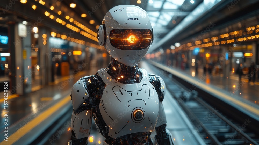 Poster A robotic assistant stands at a transportation hub, actively monitoring the area for security and efficiency. Its advanced sensors focus on logistics and passenger flow during busy hours.