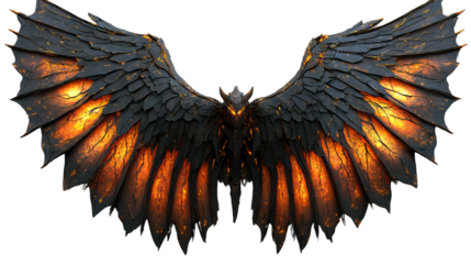 Fiery Guardian's Wings: The image portrays a close-up view of a pair of majestic wings, with intricately detailed textures and fiery orange accents. The wings exude a sense of power and enchantment.