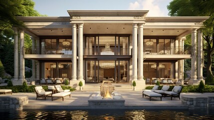A photo of a double-story villa with stone pillars. ,