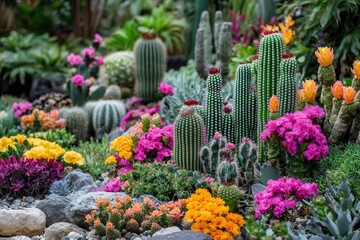 Vibrant garden with assorted cacti surrounded by colorful blooming flowers, creating a lively and exotic scene.