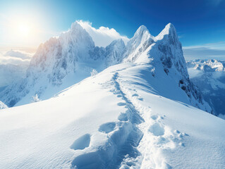 A photo of snow-covered mountains, the sun shining brightly in the blue sky on a sunny day. A narrow path leads to the mountain top, with the summit covered in deep white snow. 