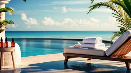 Tropical poolside relaxation with ocean view and sunny skies - Powered by Adobe