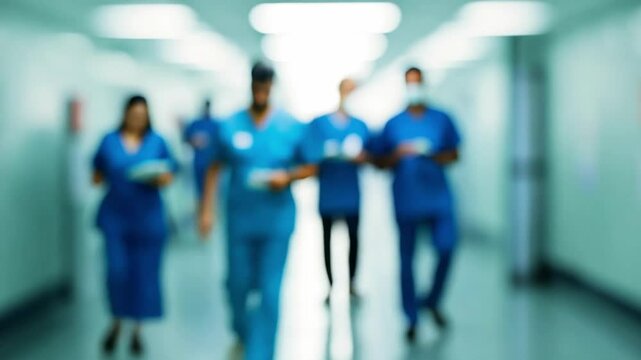 Medical professionals walk through a hospital corridor background blur