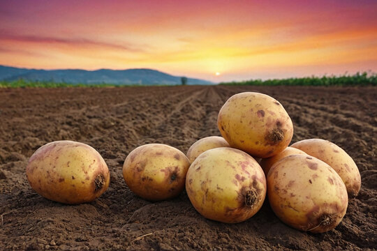 Freshly Harvested Potatoes in Field - Rustic Agricultural Landscape with Mountain Sunset and Golden Hour Glow