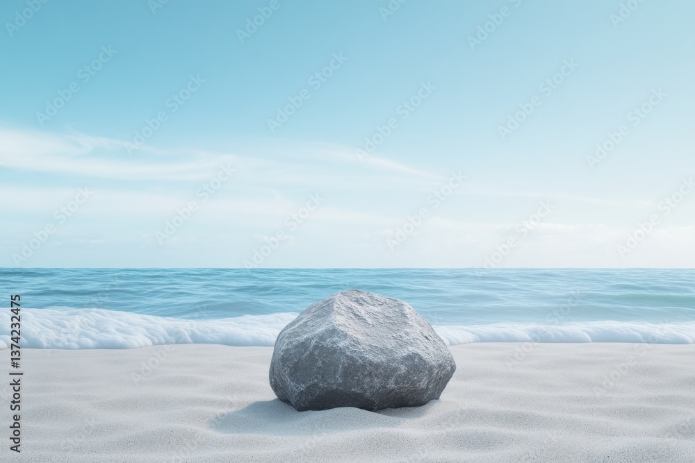Poster lone smooth 3d-rendered rock sitting on serene beach with gentle waves lapping at its base