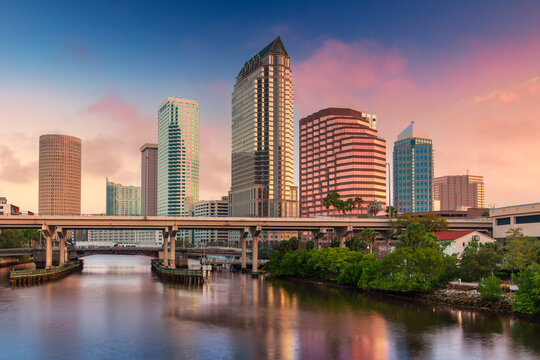 Tampa, Florida, USA. Cityscape image of Tampa, Florida with reflection of the city skyline in the water at beautiful sunrise.