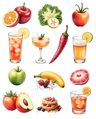 Vibrant Fruit and Cocktail Set - Watercolor Food Illustration
