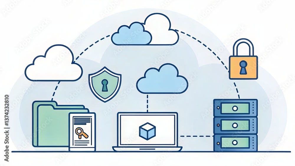 Poster a digital illustration depicting cloud computing, showcasing data storage, security, and connectivit