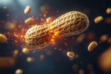 Dynamic explosion of peanuts creating a fiery spectacle against a dark background, highlighting energy and movement.