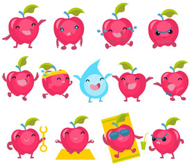 Set of  cute apple fruit in various poses and mood. Vector cartoon illustration. Limited colour palette can be used for any type of design