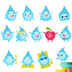 A set of droplet characters in different states and moods. Limited colour palette can be used for any type of design.