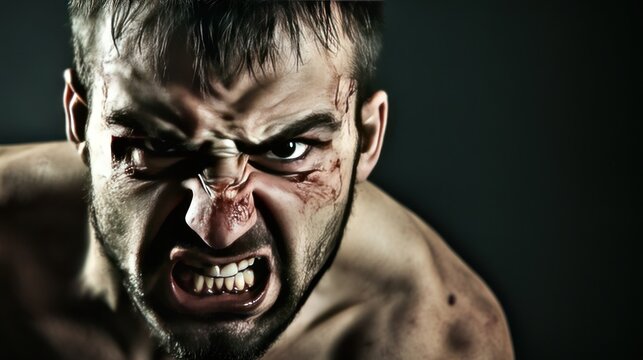 Angry man, close up portrait of a furious man with cuts and bruises on his face. His expression is one of intense rage and aggression. 