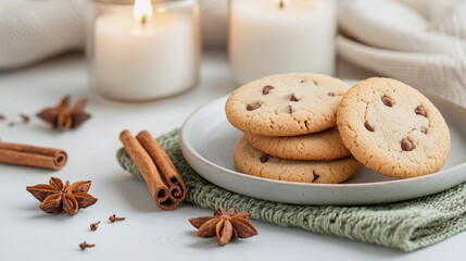 Fototapeta premium Delicious chocolate chip cookies with spices on a cozy table 