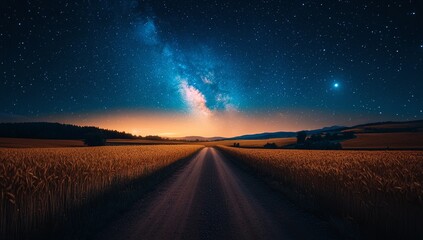 Fototapeta premium Starry night over a golden wheat field. A dirt road leads towards the Milky Way, creating a breathtaking scene.
