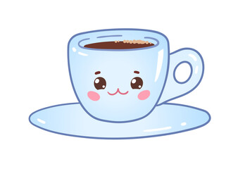 Vector illustration of a smiling coffee cup on a saucer with adorable face details
