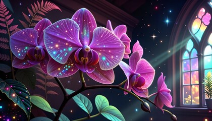 A colorful orchid with a purple center and green leaves. Moonlight from a stained glass window shines on the flower.