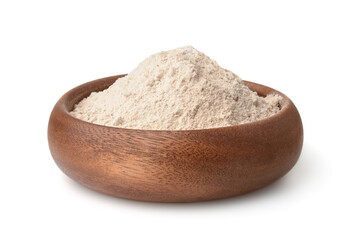 Wooden bowl of gluten free buckwheat flour