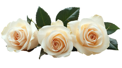 Naklejka premium Ethereal Ivory Roses: Exquisite ivory roses bloom with soft, delicate petals and lush green leaves, a visual ode to nature's sublime artistry and timeless elegance.