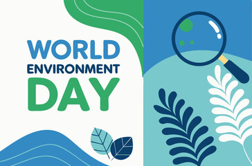 World Environment Day. Vector abstract illustrations of leaves, water waves, mountains and magnifying glass for poster, planet protection and conservation icons, global warming in minimalism and flat