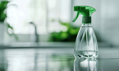 A transparent spray bottle filled with cleaning solution sits on a shiny surface in a modern home.