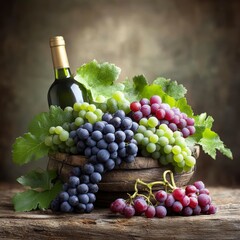 Fresh Grapes and Wine Bottle on Wooden Table with Green Leaves