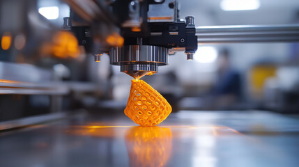 3D printing technology is showcased with advanced printer creating vibrant orange object, highlighting innovation and precision in high tech engineering