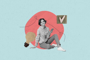 Art full trendy 3d collage poster of happy girl hold phone sit light bulb power idea finding...