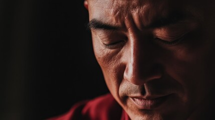 Obraz premium a close-up shot of a man's focused and introspective expression. The image evokes a sense of contemplation and depth, showcasing his emotions