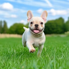 Fototapeta premium Smiling French Bulldog Running Joyfully Through Green Grass