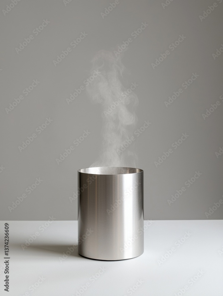 Poster small, cylindrical object made of stainless steel. it is placed on a white surface with a plain grey