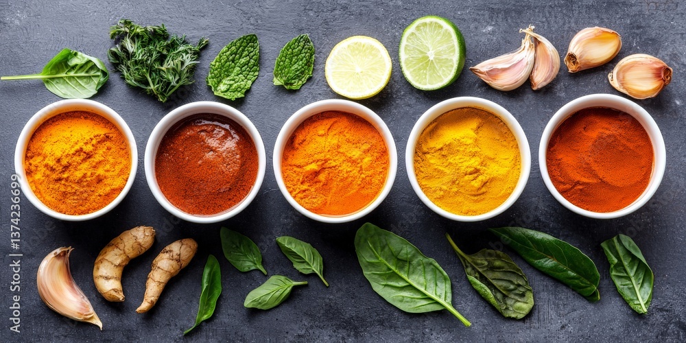 Poster row of round bowls filled with colorful ground spices herbs and powders on slate surface displaying 