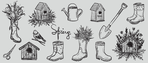 Garden equipment with rubber boots, flowers, bird feeder birdhouse, watering can, shovel in black brush stroke texture isolated on white. Hand drawn vector sketch illustration in vintage charcoal ink © Nataliya Pokrovska