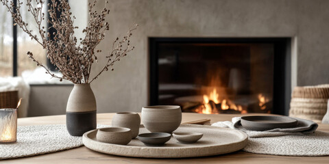 modern organic designer LIVING room with beautiful stoneware tableware, interior design, japandi, neutral colors, cozy, fireplace, christmas decor