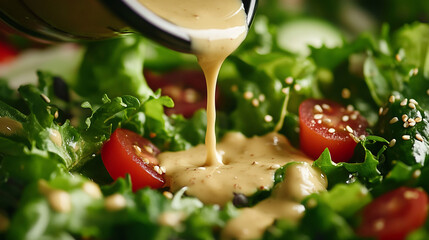 Pouring sesame dressing over fresh mixed salad greens