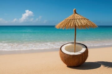 Coconut Oasis: A whimsical tropical scene with a halved coconut cleverly transformed into a beach umbrella, inviting you to soak in the sun and embrace the simplicity of a perfect day at the shore.