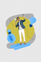 Vertical sketch 3d collage poster of happy businessman hold phone dollar bag money income light...