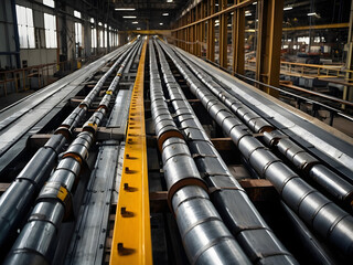 Industrial Assembly Line: High-angle shot of a industrial plant featuring large cylindrical objects moving down an automated assembly line, showcasing the industry.