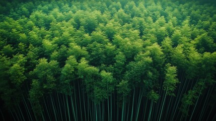 Expansive aerial view of dense bamboo forest, with vibrant green foliage illuminated by soft, natural sunlight creating a serene atmosphere.
