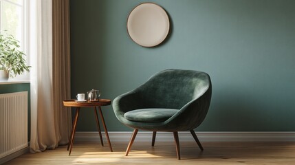 Green armchair sitting in a room with decor and light