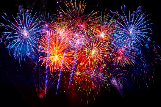  colourful firework display set for celebration happy new year and merry christmas and  fireworks on black background