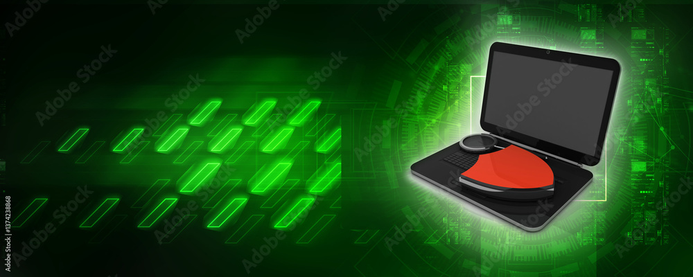 Poster 3d rendering laptop with shield