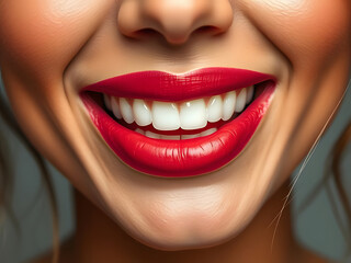 Close-up of a Smiling Mouth with Bright Red Lipstick and Perfect White Teeth. Dental Health, Beauty.