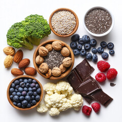 Obraz premium an aerial view of Macadamia, walnut, chia seed, broccoli, cauliflower, mushrooms, lentils, olive oil, chocolate, berries, protein powder on a white background 