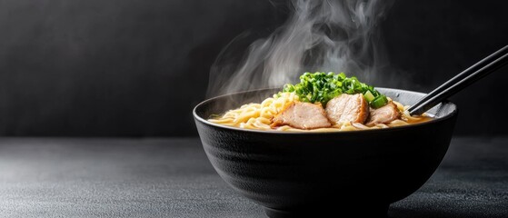 Close-up of a bowl of ramen noodles with chopsticks in it. the bowl is black and is placed on a dark grey surface. the noodles are yellow and appear to be thick and fluffy.