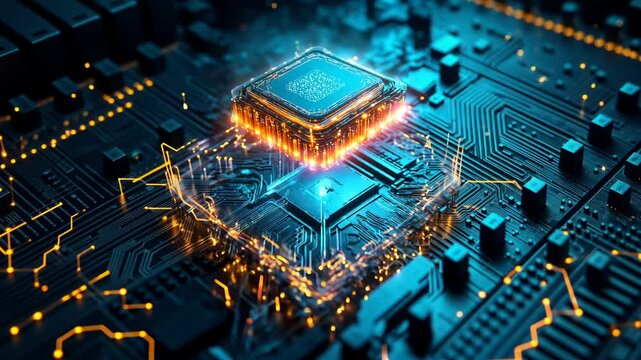 Quantum Computer Processor CPU Emitting Golden Light Beams: Technology, Big Data, Innovation, and Computing Concepts