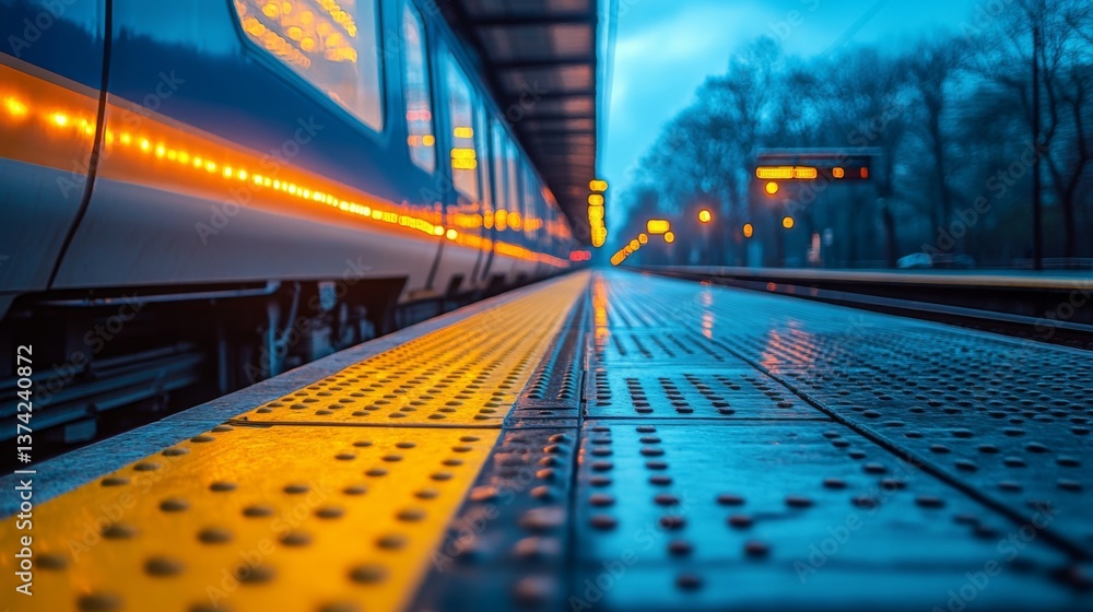 Poster smooth pavement reflects lights from an approaching train at a railway platform. automated systems e