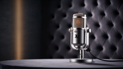 A sleek microphone stands on a stylish table in a dim room.