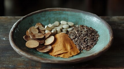 Fototapeta premium Diverse medicinal herbs and supplements are displayed in bowl